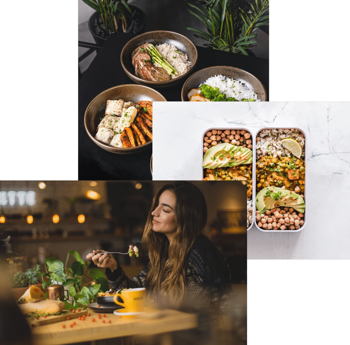 Woman enjo ying food, meals in 
                storage container, and food bowls on
                 table